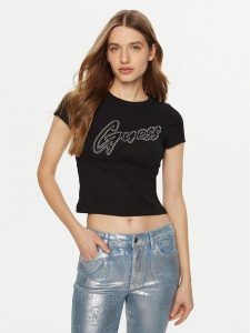 Guess T-Shirt W5RI68 KA0H1 Czarny Regular Fit. Czarne t-shirty Guess, xxl, z aplikacjami, z bawełny, bez kołnierzyka, bez ramiączek. Za 119,99 zł.