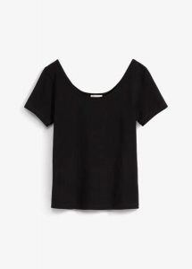 T-shirt z głębokim dekoltem z tyłu. Czarne t-shirty bonprix, bez wzorów, bez kołnierzyka, bez ramiączek. Za 59,99 zł.