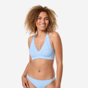 Góra kostiumu kąpielowego surfingowego damska Decathlon Ana duże rozmiary. Niebieskie bikini DECATHLON, bez wzorów, z elastanu. Za 89,99 zł.