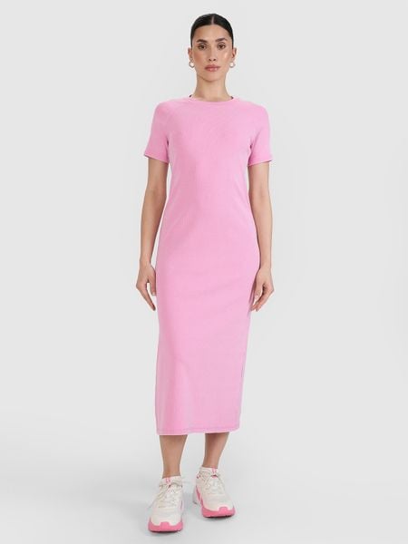 4F Sukienka midi z prążkowanej dzianiny damska - różowa XS. Czerwone sukienki 4f, na co dzień, uniwersalny, bez wzorów, z bawełny, eleganckie, bez kołnierzyka, bez ramiączek, maxi, dopasowane. W wyprzedaży za 59,99 zł.