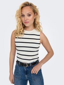 ONLY Top dzianinowy w kolorze kremowo-czarnym rozmiar: L. Brązowe topy ONLY, l, bez wzorów, z dzianiny, bez kołnierzyka, bez ramiączek. Za 69,99 zł.