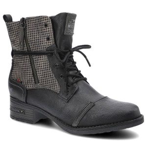 Czarne Botki Mustang Damskie Stylowe Obuwie. Czarne botki Mustang, bez wzorów, z tkaniny, bez obcasa, na obcasie, bez zapięcia. Za 239,00 zł.