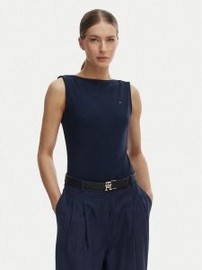 Tommy Hilfiger Top WW0WW47807 Granatowy Slim Fit. Niebieskie topy TOMMY HILFIGER, s, bez wzorów, z wiskozy, bez kołnierzyka, bez ramiączek. Za 181,99 zł.