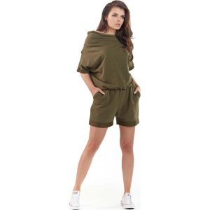 Khaki Krótki Kombinezon z Szerokim Dekoltem. Kombinezony marki TRIBORD. Za 119,90 zł.