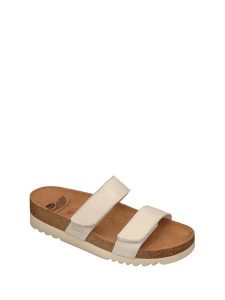 Scholl Skórzane klapki "Lusaka" w kolorze kremowym rozmiar: 39. Brązowe klapki Scholl, bez wzorów, z otwartym noskiem, bez obcasa. Za 78,28 zł.