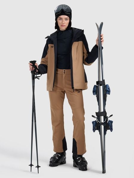 4F Spodnie narciarskie softshell membrana 10000 damskie - brązowe S. Brązowe spodnie z wysokim stanem 4f, bez wzorów, z materiału, z podwyższonym stanem. Za 599,99 zł.