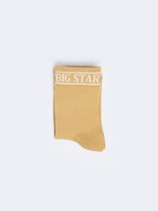 Skarpety damskie w prążek z napisem BIG STAR beżowe Marcolia 801. Brązowe skarpetki Big Star, z aplikacjami, z materiału. W wyprzedaży za 9,99 zł.