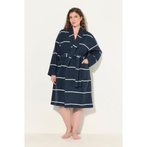 Damskie Szlafrok paski szalowy kołnierz długi rękaw frotte. Niebieskie szlafroki Ulla Popken, plus size, bez wzorów, z bawełny, plus size, bez kaptura. Za 349,99 zł.