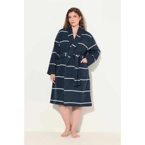 Damskie Szlafrok paski szalowy kołnierz długi rękaw frotte. Niebieskie szlafroki Ulla Popken, plus size, bez wzorów, z bawełny, plus size, bez kaptura. Za 349,99 zł.