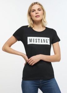 MUSTANG ALINA C LOGO TEE DAMSKI T-SHIRT KOSZULKA LOGO BLACK 1013220 4142. Czarne bluzki Mustang, m, bez wzorów, z bawełny, bez kołnierzyka, bez ramiączek. Za 69,99 zł.