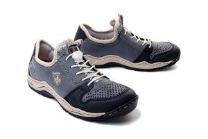 RIEKER L0538-14 blue, półbuty damskie. Niebieskie półbuty Rieker, bez wzorów, z gumy, bez obcasa, bez zapięcia. Za 339,90 zł.