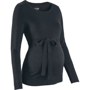 Sweter ciążowy z 100% bawełny, z wiązanym paskiem. Czarne swetry klasyczne bonprix, z bawełny, bez kołnierzyka, moda ciążowa. Za 99,99 zł.