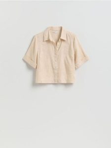 Lniana koszula - beżowy. Brązowe koszule Reserved, l, bez wzorów, bez kołnierzyka, bez ramiączek. Za 129,99 zł.