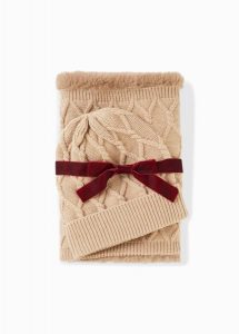 Szal komin + czapka (2 części). Brązowe czapki bonprix, bez wzorów, z dzianiny. Za 109,99 zł.