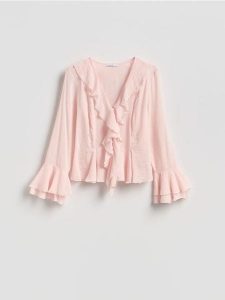 Koszula z falbanami - pastelowy róż. Czerwone koszule Reserved, l, bez wzorów, z bawełny, bez kołnierzyka, bez ramiączek. Za 139,99 zł.