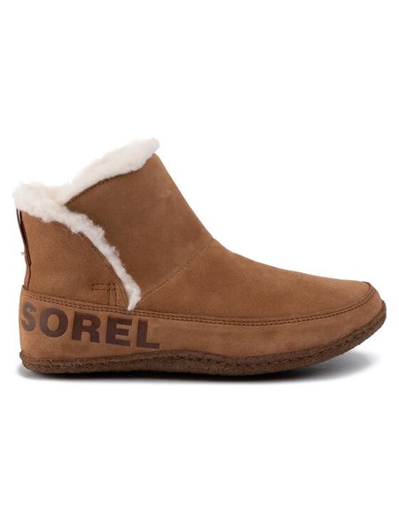 Sorel Botki Nakiska Bootie NL3389 Brązowy. Brązowe botki Sorel, bez wzorów, ze skóry, bez obcasa, na płaskiej podeszwie, bez zapięcia. Za 359,99 zł.