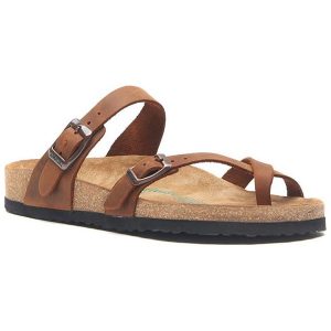 Comfortfusse Skórzane japonki w kolorze jasnobrązowym rozmiar: 38. Brązowe klapki Comfortfüße, bez wzorów, z nubiku, z otwartym noskiem, bez obcasa. Za 252,99 zł.