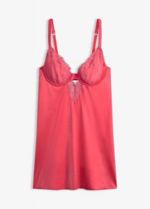 Koszulka babydoll z materiału z połyskiem i błyszczącym haftem w kwiaty. Czerwone koszule nocne bonprix, bez wzorów, bez ramiączek. Za 54,99 zł.