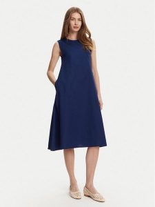 Selmark Sukienka letnia BL495 Granatowy Regular Fit. Niebieskie kombinezony Selmark, na lato, s, bez wzorów, z bawełny, bez kołnierzyka, bez ramiączek. Za 139,99 zł.