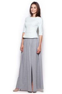 Miętowa Bluzka z Rękawem 3/4 z Baskinką. Zielone bluzki Figl, xl, bez wzorów, z bawełny, bez kołnierzyka, bez ramiączek. Za 179,00 zł.