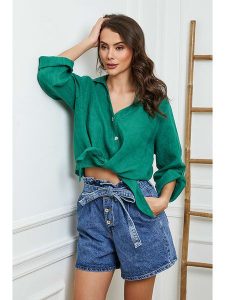 La Compagnie Du Lin Lniana bluzka "Josue" w kolorze zielonym rozmiar: XL. Zielone bluzki La Compagnie Du Lin, xl, bez wzorów, ze lnu, bez kołnierzyka, bez ramiączek. Za 127,35 zł.