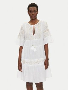 Iconique Sukienka letnia IC25-018 Biały Relaxed Fit. Białe kombinezony Iconique, na lato, m, bez wzorów, z bawełny, bez kołnierzyka, bez ramiączek. Za 279,99 zł.