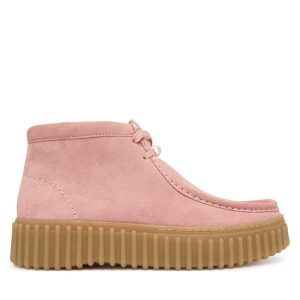 Trzewiki Clarks. Czerwone botki Clarks, bez wzorów, bez obcasa, na płaskiej podeszwie, bez zapięcia. Za 569,99 zł.