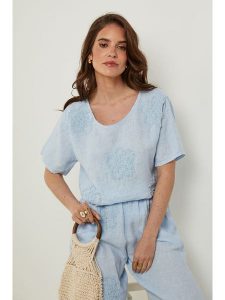 Rodier Lin Lniana koszulka w kolorze błękitnym rozmiar: XL/XXL. Niebieskie bluzki Rodier Lin, xl, bez wzorów, ze lnu, bez kołnierzyka, bez ramiączek. Za 150,37 zł.