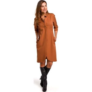 Ruda Elegancka Sukienka Żakietowa z Pagonami. Brązowe sukienki MOE, l, bez wzorów, z elastanu, eleganckie, bez kołnierzyka, bez ramiączek. Za 293,90 zł.