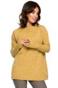 Musztardowy Oversizowy Sweter z Niewielką Stójką. Brązowe długie swetry MOE, uniwersalny, z materiału, bez kołnierzyka. Za 199,90 zł.