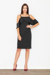Elegancka Czarna Sukienka Mini z Falbanką przy Dekolcie. Czarne sukienki Figl, na imprezę, l, bez wzorów, z materiału, eleganckie, bez kołnierzyka, bez ramiączek, mini. Za 269,00 zł.