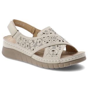 Sandały damskie Vinceza, cholewka ze skóry naturalnej ażurowy wzór krzyżujące się paski, beżowe, 85209. Brązowe sandały VINCEZA, w ażurowe wzory, ze skóry, bez obcasa, na koturnie, bez zapięcia. Za 109,00 zł.