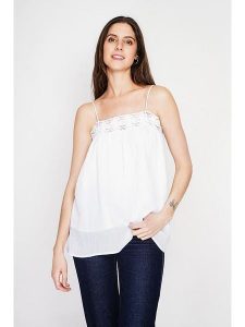 Le Jardin du Lin Lniany top w kolorze białym rozmiar: 42. Białe topy Le jardin du lin, bez wzorów, z koronki, bez kołnierzyka, bez ramiączek. Za 100,99 zł.
