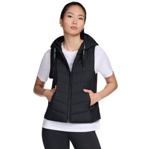 Kamizelka turystyczna damska GO Shield Performance Elite Hooded Vest. Czarne kamizelki Skechers, bez wzorów, z poliesteru, bez kołnierzyka, bez ramiączek, bez kaptura. Za 279,99 zł.