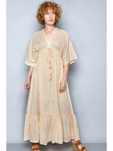 H.H.G. Sukienka w kolorze beżowym rozmiar: S. Brązowe sukienki H.H.G., s, bez wzorów, z bawełny, bez kołnierzyka, bez ramiączek, maxi. Za 110,04 zł.