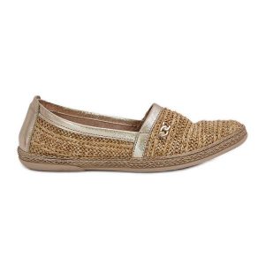 Eleganckie Skórzane Espadryle Z Plecionką Zazoo 10178 Beżowo-Złote beżowy. Brązowe espadryle bez wzorów, ze skóry, bez obcasa. Za 415,65 zł.