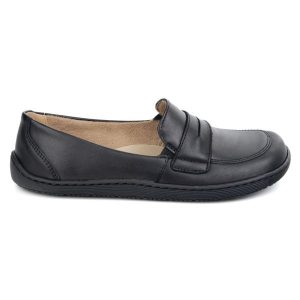 Olivier Barefoot Eleganckie Damskie minimalistyczne mokasyny skórzane 1280 czarne lico. Czarne półbuty bez wzorów, z materiału, bez obcasa, bez zapięcia. Za 484,00 zł.