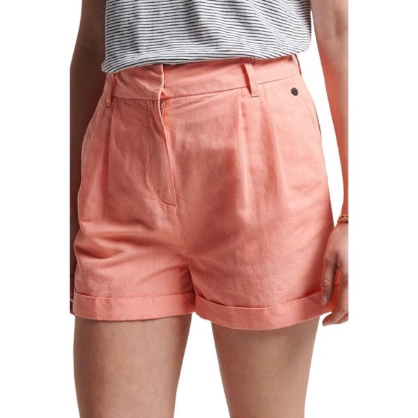 Spodenki turystyczne damskie Superdry Studios Linen. Brązowe szorty Superdry, bez wzorów, z bawełny. W wyprzedaży za 154,00 zł.