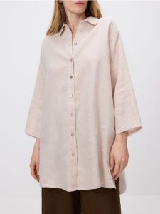 Długa lniana koszula - beżowy. Brązowe koszule Reserved, l, bez wzorów, bez kołnierzyka, bez ramiączek. W wyprzedaży za 109,99 zł.