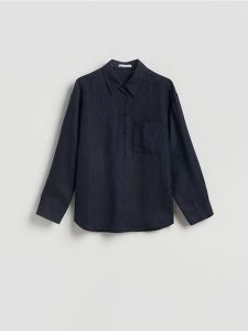 Koszula z lnem - granatowy. Niebieskie koszule Reserved, l, bez wzorów, z tkaniny, bez kołnierzyka, bez ramiączek. Za 119,99 zł.