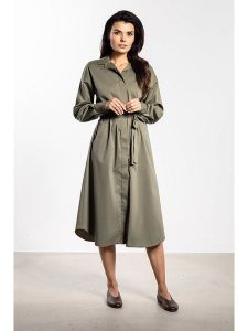 Awama Sukienka w kolorze khaki rozmiar: XL. Brązowe sukienki Awama, xl, bez wzorów, z tkaniny, bez kołnierzyka, bez ramiączek, midi. Za 158,47 zł.