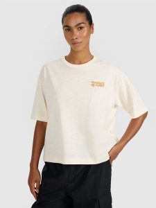 4F T-shirt oversize z nadrukiem damski - beżowy L. Brązowe t-shirty 4f, l, bez wzorów, z bawełny, bez kołnierzyka, bez ramiączek. W wyprzedaży za 39,99 zł.