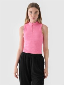 4F Top slim z prążkowanej dzianiny damski - różowy L. Czerwone topy 4f, l, bez wzorów, z bawełny, klasyczne, bez kołnierzyka, bez ramiączek. W wyprzedaży za 39,99 zł.