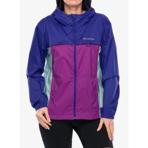 Kurtka przeciwwiatrowa damska Columbia Crested Canyon Windbreaker. Fioletowe kurtki Columbia, bez wzorów, z softshellu, bez kaptura. Za 240,99 zł.