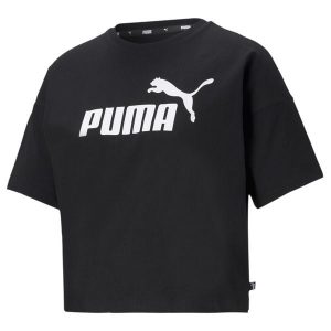 Koszulka z krótkim rękawem Damska Puma CROPPED LOGO TEE 586866 01 Czarny. Czarne bluzki Puma, xs, bez wzorów, sportowe, bez kołnierzyka, bez ramiączek. Za 104,55 zł.