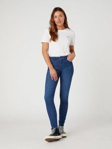 Wrangler Dżinsy "Good life" - Skinny fit - w kolorze granatowym rozmiar: W30/L32. Niebieskie jeansy Wrangler, z aplikacjami, z bawełny, z podwyższonym stanem. Za 180,06 zł.
