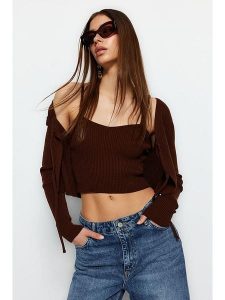 Trendyol 2-częściowy zestaw w kolorze brązowym rozmiar: S. Brązowe kardigany Trendyol, prążkowane. Za 60,99 zł.