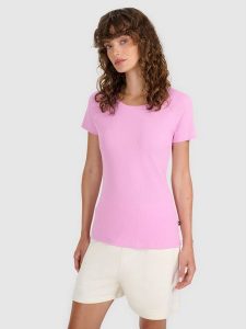 4F T-shirt regular z prążkowanej dzianiny damski - różowy L. Czerwone t-shirty 4f, l, bez wzorów, z bawełny, bez kołnierzyka, bez ramiączek. W wyprzedaży za 39,99 zł.