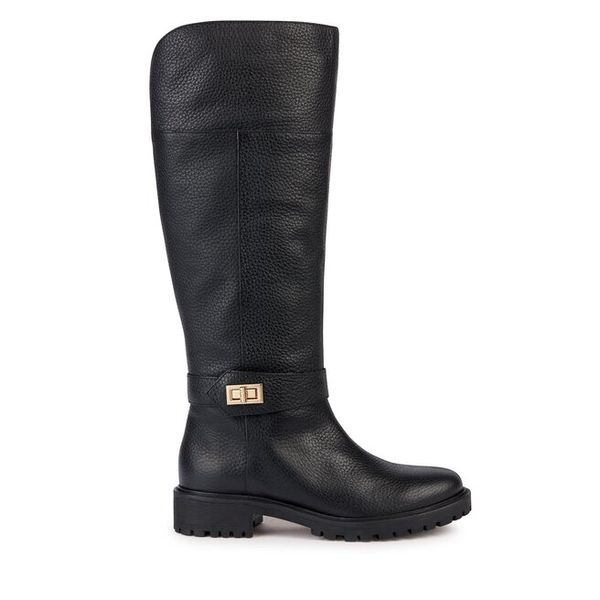 Kozaki Geox. Czarne kozaki Geox, bez wzorów, bez obcasa, na płaskiej podeszwie, bez zapięcia. Za 539,99 zł.