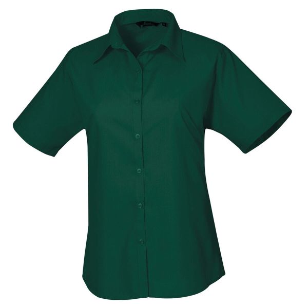 Bluzka Damska Z Krótkim Rękawem Z Popeliny. Zielone bluzki PREMIER, bez wzorów, casualowe, bez kołnierzyka, bez ramiączek. Za 105,99 zł.